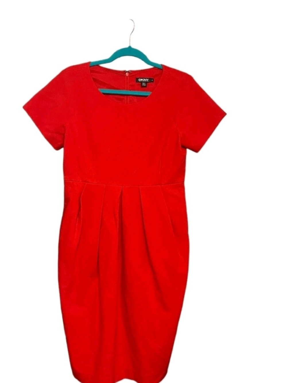 DKNY Red Sheath Dress - Short Sleeve Pleated Waist With Pockets.